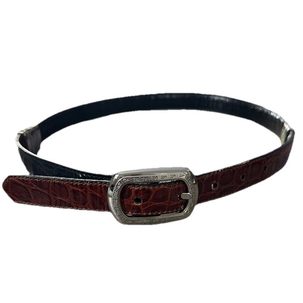 Womens Leather Belt Black Brown Two Tone Croc Embossed‎ Silver Buckle Office